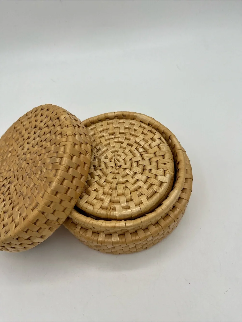 Vintage Natural Rattan Drink Coaster Set with Matching Holder